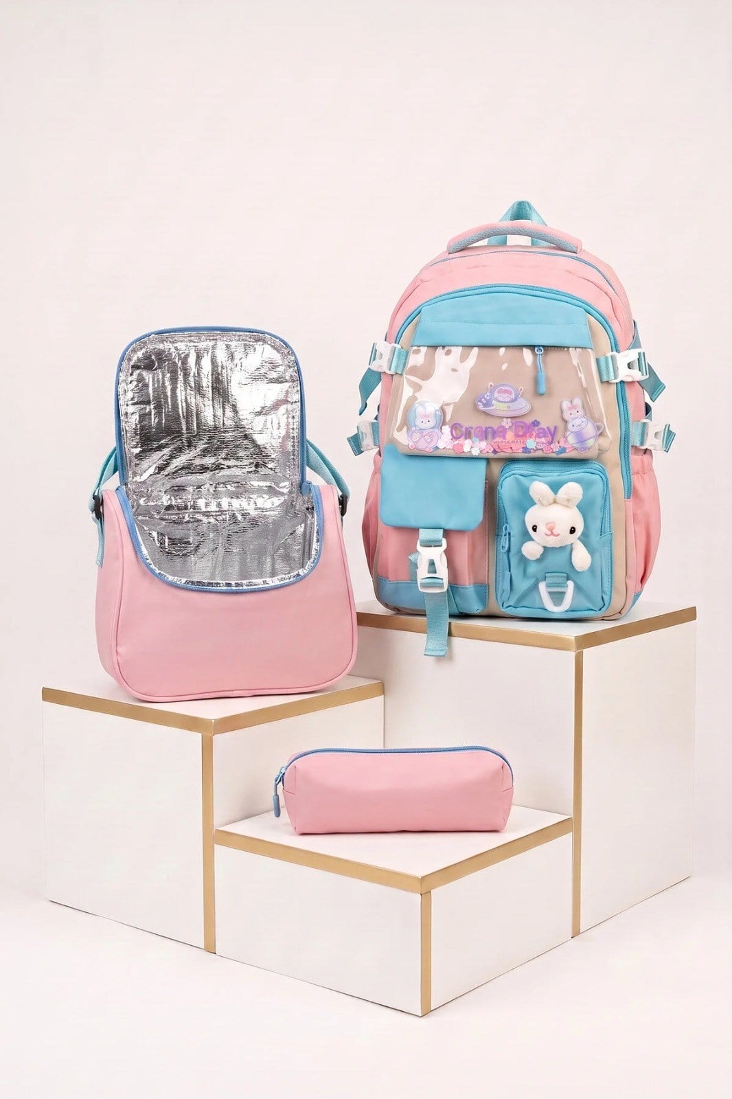 Relaxion Kız Çocuk Pelüş Ayıcıklı Kore Tarzı Kawaii 3lü Set Okul Çantası Seti Pembe