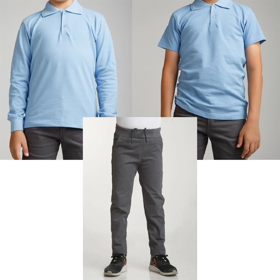 Unisex çocuk okul ribana bel pantolon - bebe mavisi kısa kol uzun kol Polo yaka t-shirt 3lü takım
