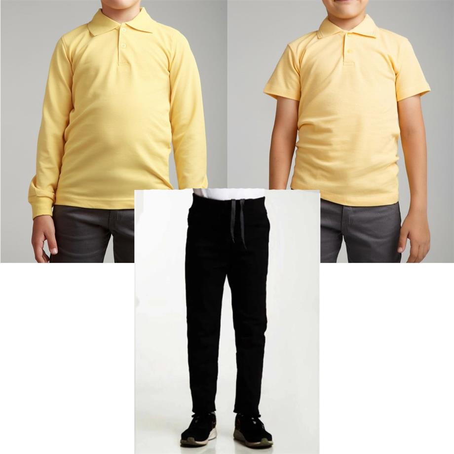 Unisex çocuk okul ribana bel pantolon - sarı kısa kol uzun kol Polo yaka t-shirt 3lü takım