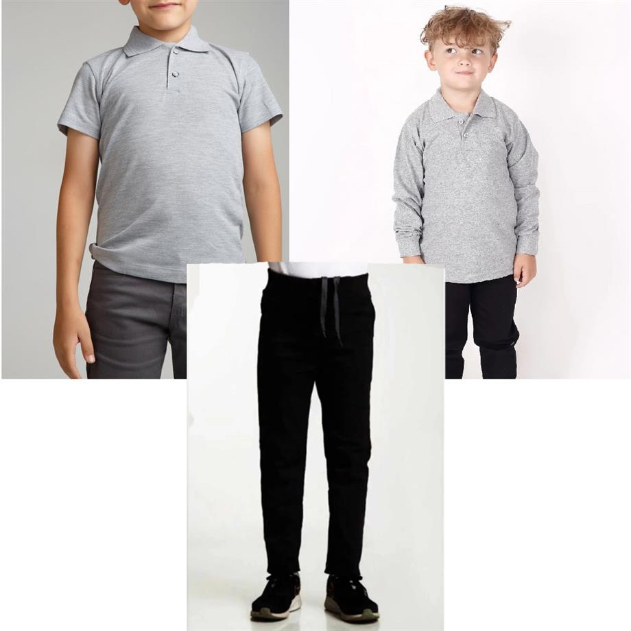 Unisex çocuk okul ribana bel pantolon - gri kısa kol uzun kol Polo yaka t-shirt 3lü takım