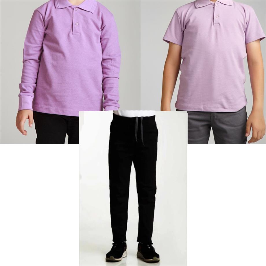 Unisex çocuk okul ribana bel pantolon - lila kısa kol uzun kol Polo yaka t-shirt 3lü takım