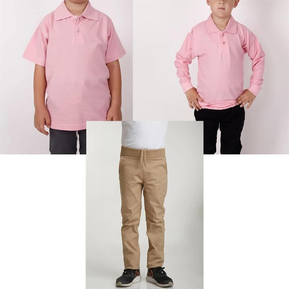 Unisex çocuk okul ribana bel pantolon - pembe kısa kol uzun kol Polo yaka t-shirt 3lü takım