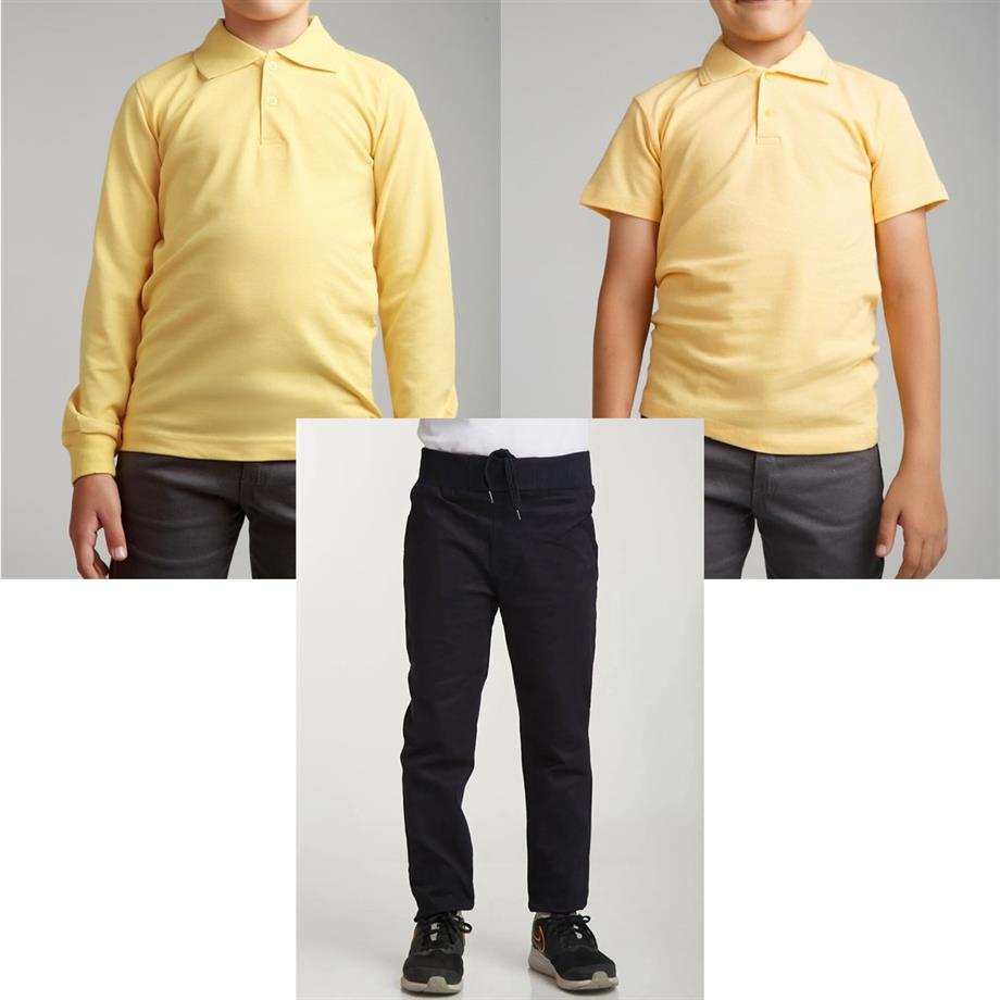 Unisex çocuk okul ribana bel pantolon - sarı kısa kol uzun kol Polo yaka t-shirt 3lü takım