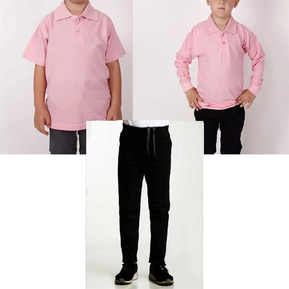 Unisex çocuk okul ribana bel pantolon - pembe kısa kol uzun kol Polo yaka t-shirt 3lü takım