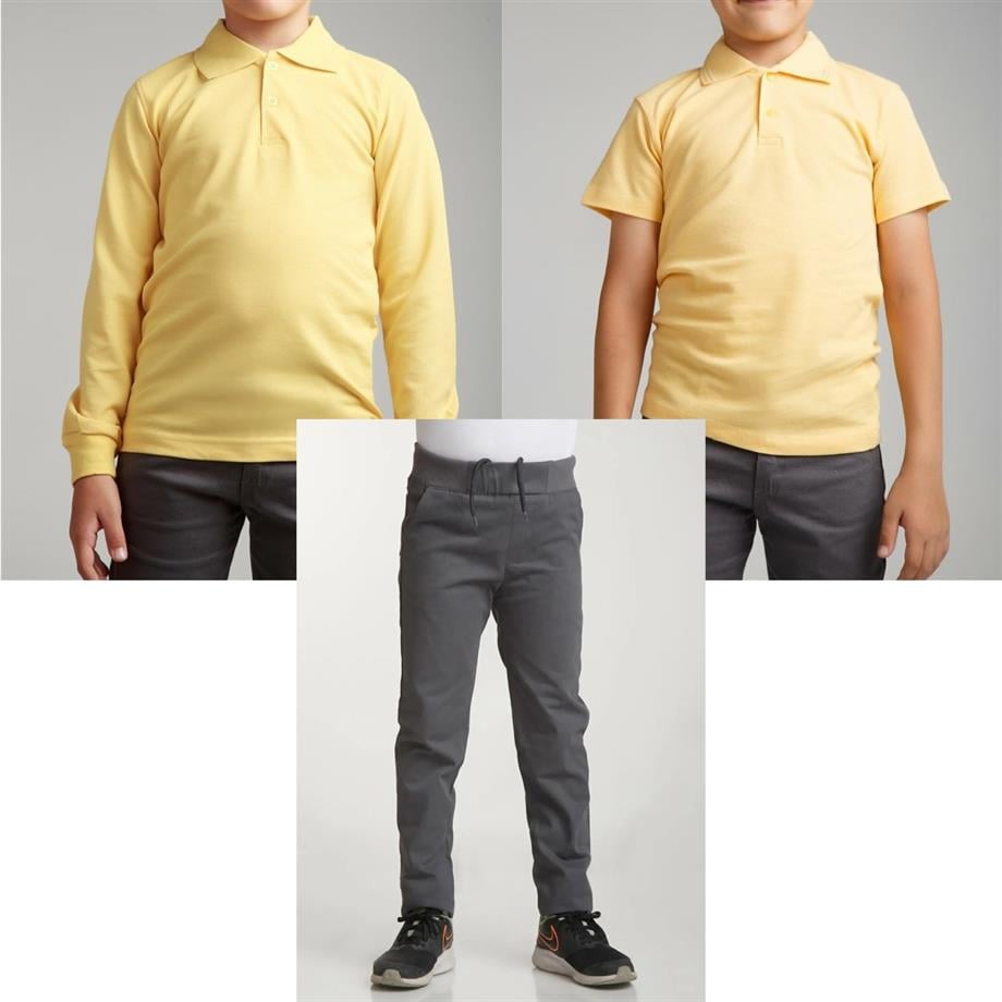 Unisex çocuk okul ribana bel pantolon - sarı kısa kol uzun kol Polo yaka t-shirt 3lü takım