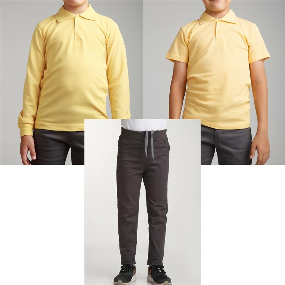 Unisex çocuk okul ribana bel pantolon - sarı kısa kol uzun kol Polo yaka t-shirt 3lü takım