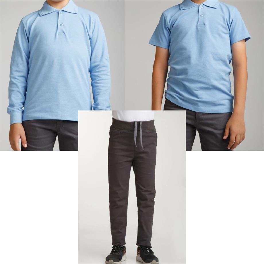 Unisex çocuk okul ribana bel pantolon - bebe mavisi kısa kol uzun kol Polo yaka t-shirt 3lü takım