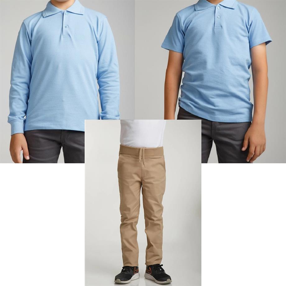 Unisex çocuk okul ribana bel pantolon - bebe mavisi kısa kol uzun kol Polo yaka t-shirt 3lü takım