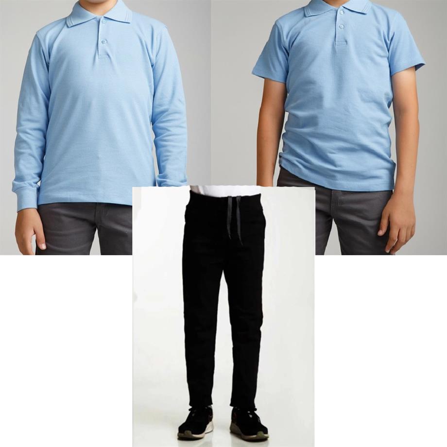 Unisex çocuk okul ribana bel pantolon - bebe mavisi kısa kol uzun kol Polo yaka t-shirt 3lü takım