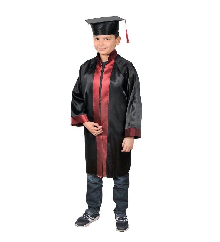 Unisex Çocuk Anaokulu Mezuniyet Cübbesi Kırmızı Bordo Şeritli