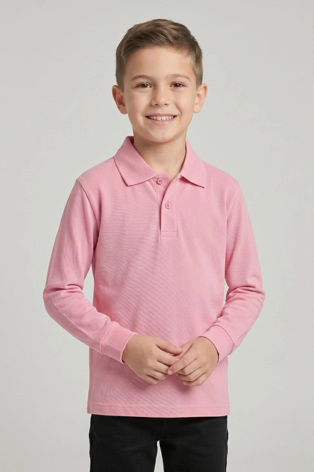 Unisex Çocuk Pembe Lakost Polo Yaka Uzun Kollu Okul Tişörtü