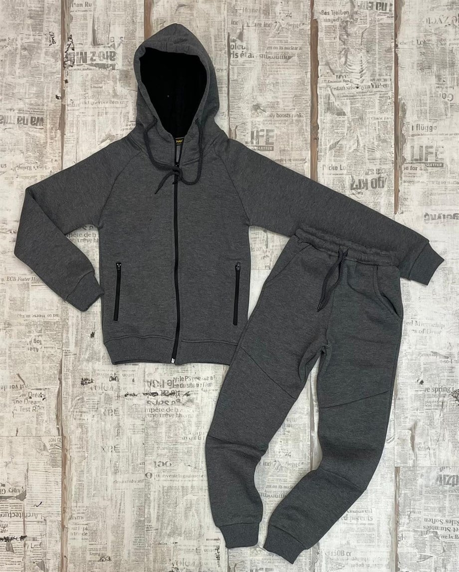 Unisex Çocuk Fermuarlı Üst Paça Lastik Eşofman Alt 3 iplik Eşofman Takım