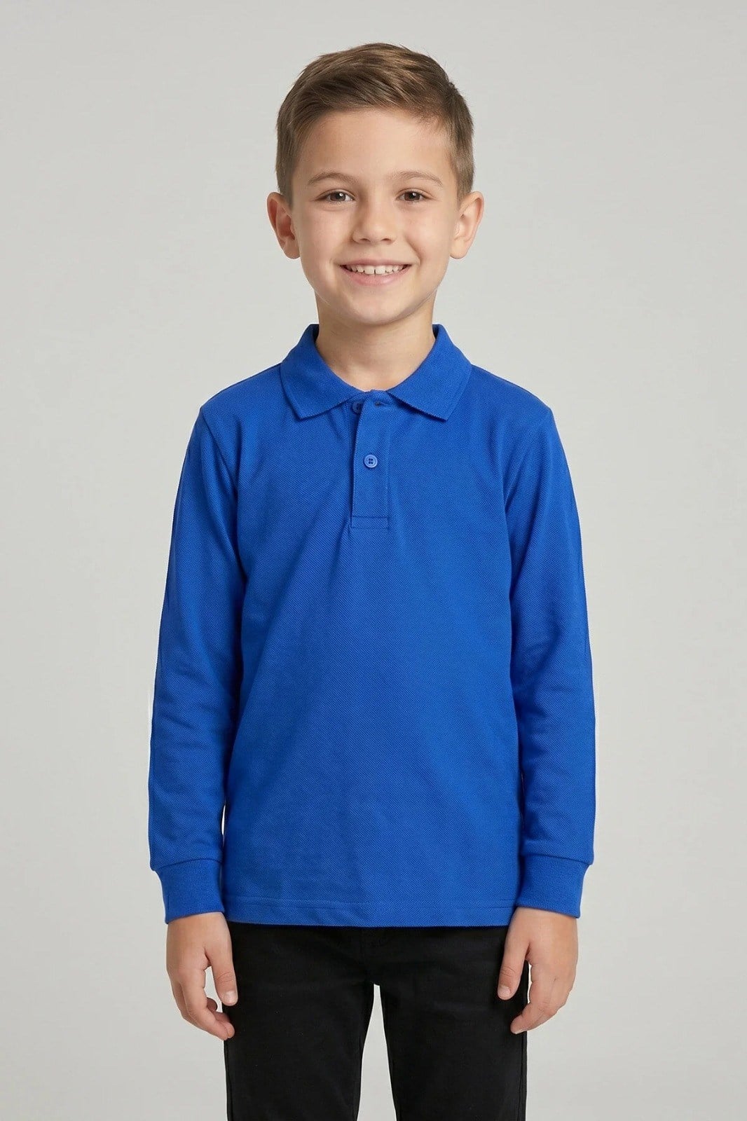 Unisex Çocuk Saks Mavi Lakost Polo Yaka Uzun Kollu Okul Tişörtü
