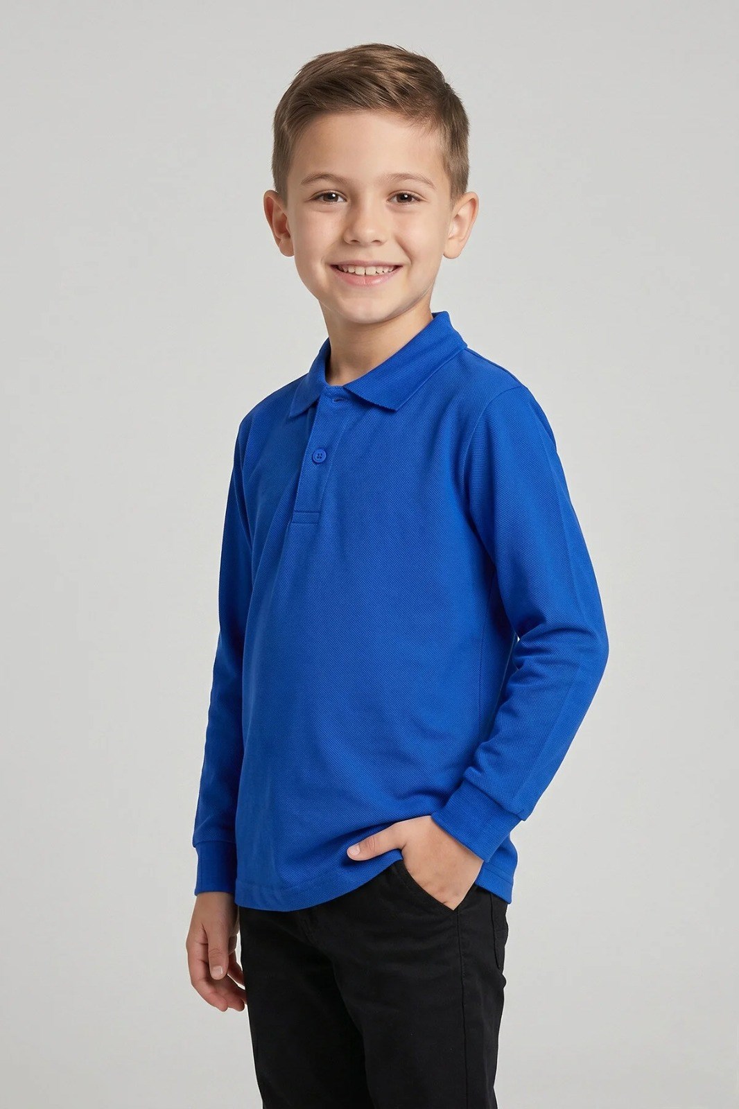 Unisex Çocuk Saks Mavi Lakost Polo Yaka Uzun Kollu Okul Tişörtü
