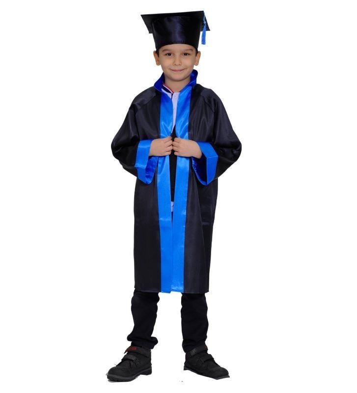 Unisex Çocuk İlkokul Mezuniyet Cübbesi Mavi Şeritli