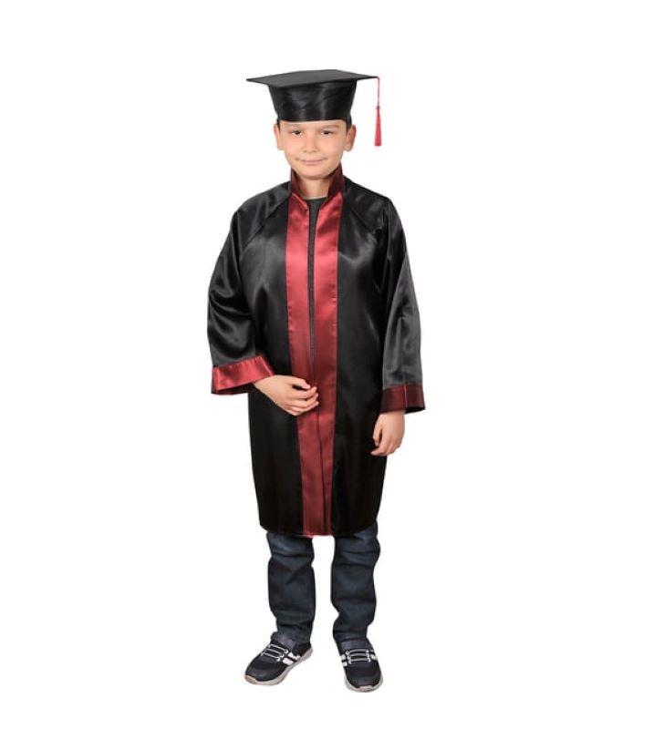 Unisex Çocuk İlkokul Mezuniyet Cübbesi Kırmızı Bordo Şeritli