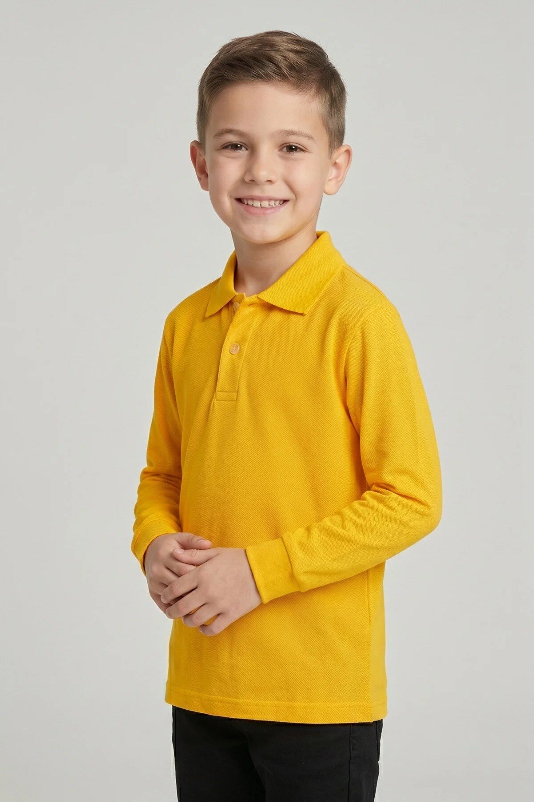 Unisex Çocuk Parlak Sarı Lakost Polo Yaka Uzun Kollu Okul Tişörtü