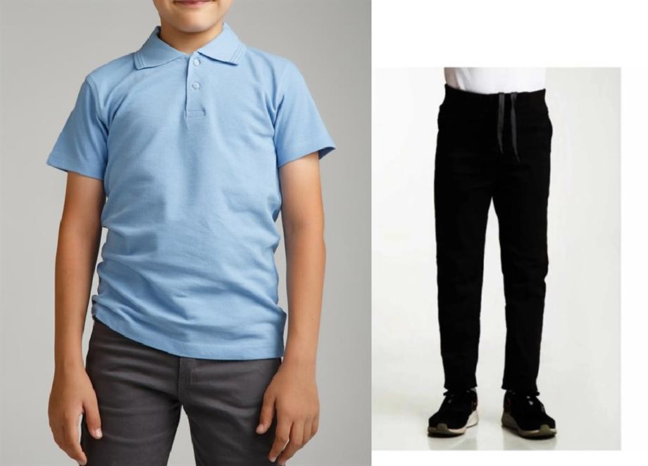 Unisex çocuk okul ribana bel pantolon - mavi kısa kol Polo yaka t-shirt 2li takım