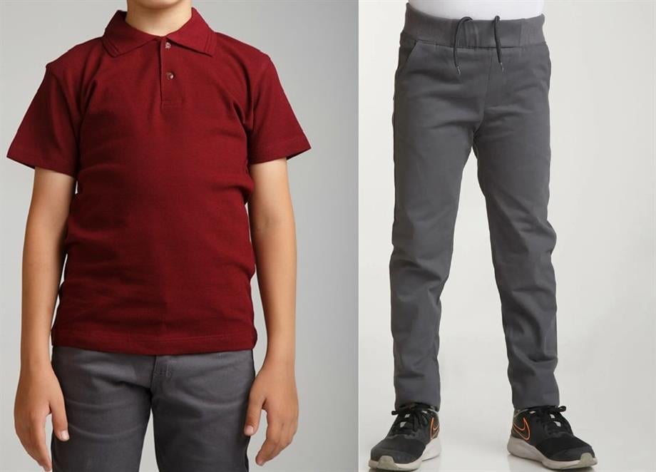 Unisex çocuk okul ribana bel pantolon - bordo kısa kol Polo yaka t-shirt 2li takım