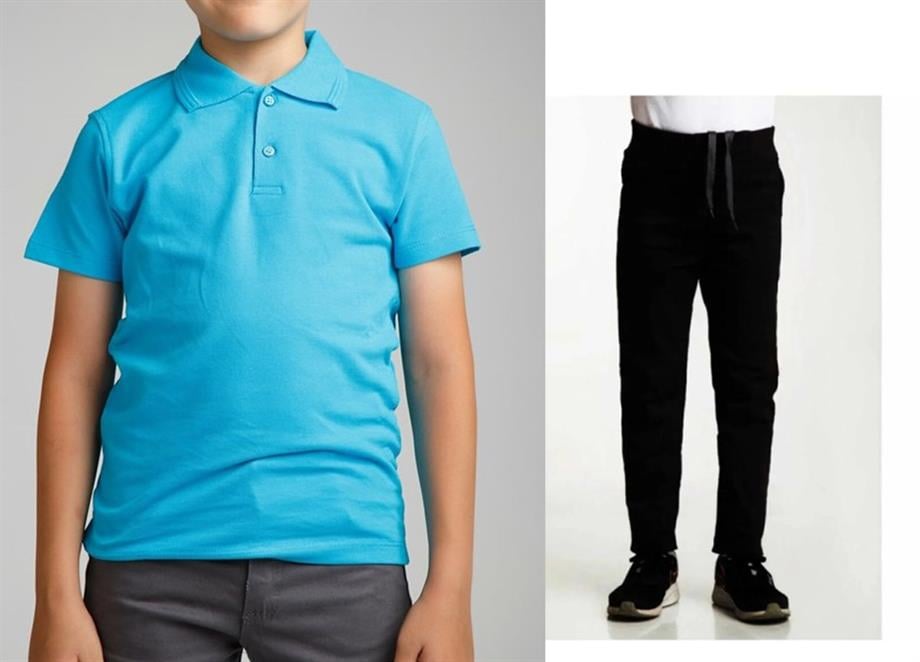 Unisex çocuk okul ribana bel pantolon - turkuaz kısa kol Polo yaka t-shirt 2li takım