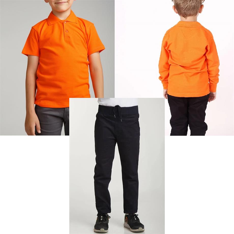 Unisex çocuk okul ribana bel pantolon - turuncu kısa kol uzun kol Polo yaka t-shirt 3lü takım