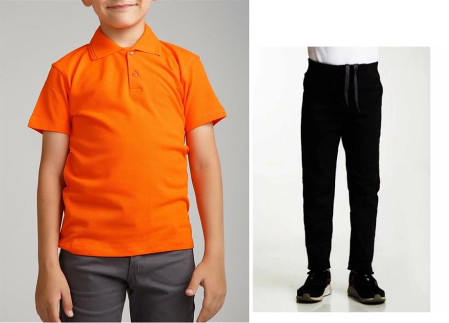 Unisex çocuk okul ribana bel pantolon - turuncu kısa kol Polo yaka t-shirt 2li takım