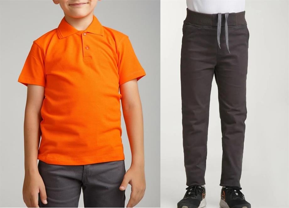 Unisex çocuk okul ribana bel pantolon - turuncu kısa kol Polo yaka t-shirt 2li takım