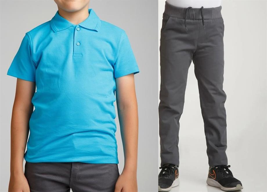 Unisex çocuk okul ribana bel pantolon - turkuaz kısa kol Polo yaka t-shirt 2li takım