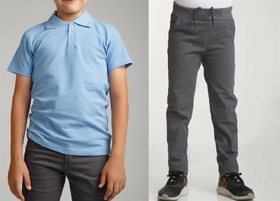 Unisex çocuk okul ribana bel pantolon - mavi kısa kol Polo yaka t-shirt 2li takım