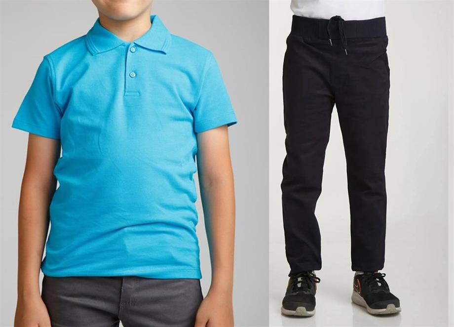 Unisex çocuk okul ribana bel pantolon - turkuaz kısa kol Polo yaka t-shirt 2li takım
