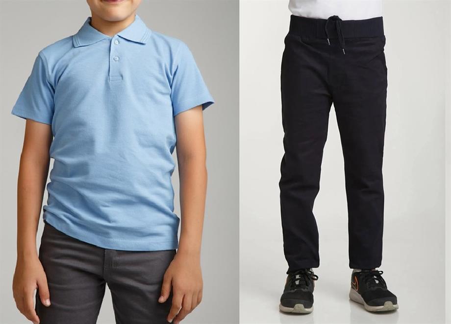 Unisex çocuk okul ribana bel pantolon - mavi kısa kol Polo yaka t-shirt 2li takım