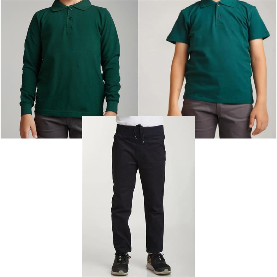 Unisex çocuk okul ribana bel pantolon - koyu yeşil kısa kol uzun kol Polo yaka t-shirt 3lü takım