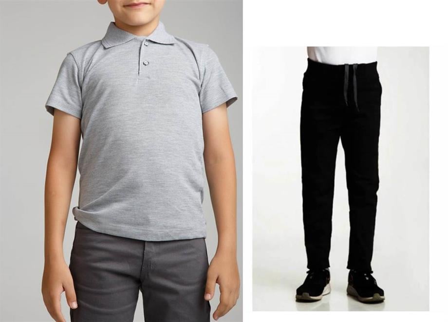 Unisex çocuk okul ribana bel pantolon - gri kısa kol Polo yaka t-shirt 2li takım