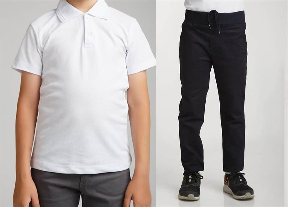 Unisex çocuk okul ribana bel pantolon - beyaz kısa kol Polo yaka t-shirt 2li takım