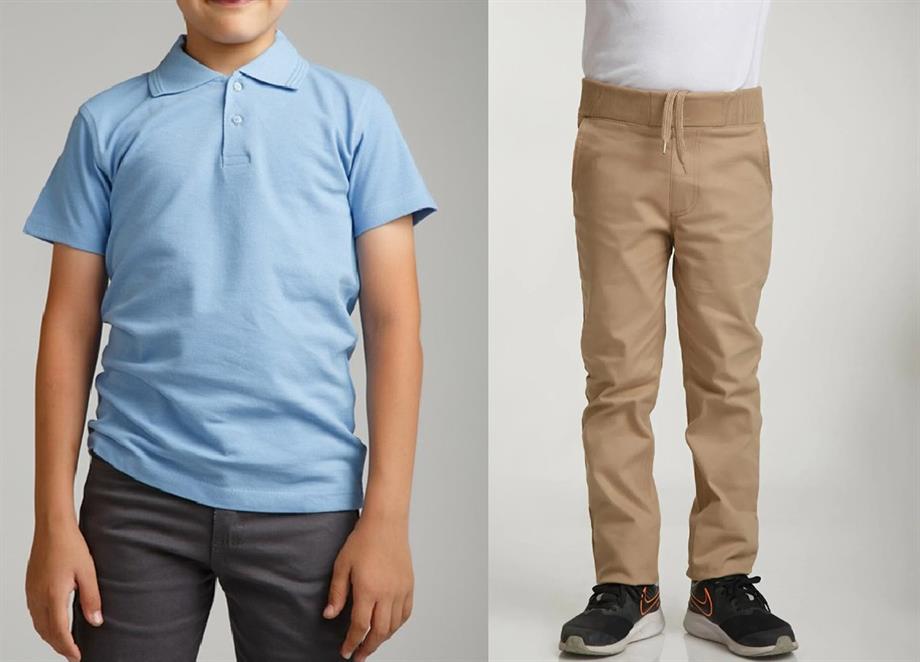 Unisex çocuk okul ribana bel pantolon - mavi kısa kol Polo yaka t-shirt 2li takım