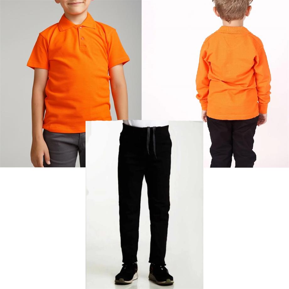 Unisex çocuk okul ribana bel pantolon - turuncu kısa kol uzun kol Polo yaka t-shirt 3lü takım