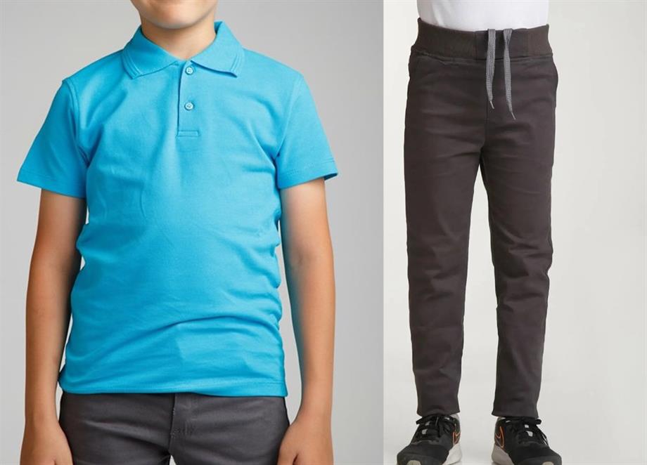 Unisex çocuk okul ribana bel pantolon - turkuaz kısa kol Polo yaka t-shirt 2li takım