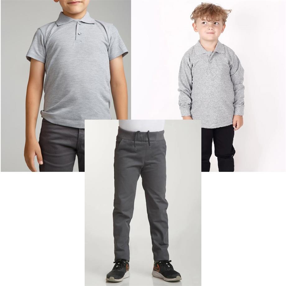 Unisex çocuk okul ribana bel pantolon - gri kısa kol uzun kol Polo yaka t-shirt 3lü takım