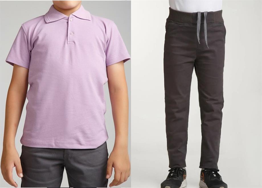 Unisex çocuk okul ribana bel pantolon - lila kısa kol Polo yaka t-shirt 2li takım