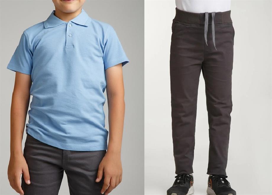 Unisex çocuk okul ribana bel pantolon - mavi kısa kol Polo yaka t-shirt 2li takım