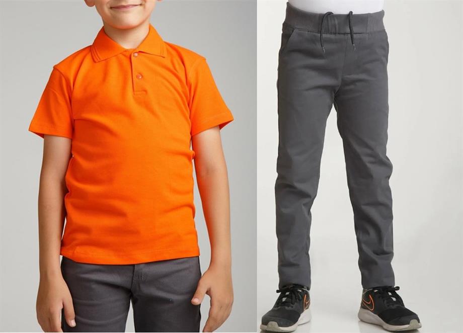 Unisex çocuk okul ribana bel pantolon - turuncu kısa kol Polo yaka t-shirt 2li takım