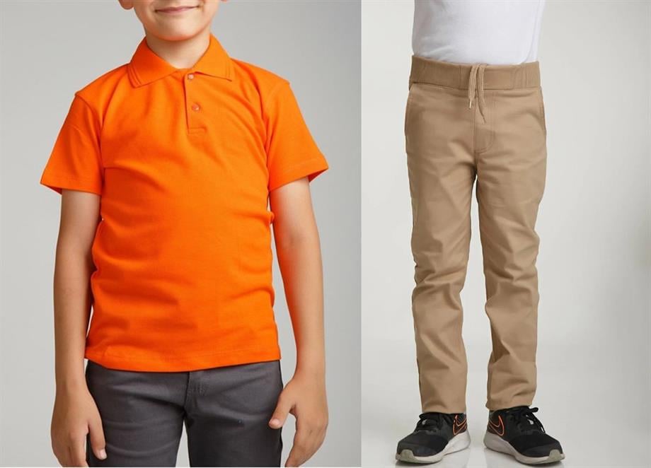 Unisex çocuk okul ribana bel pantolon - turuncu kısa kol Polo yaka t-shirt 2li takım