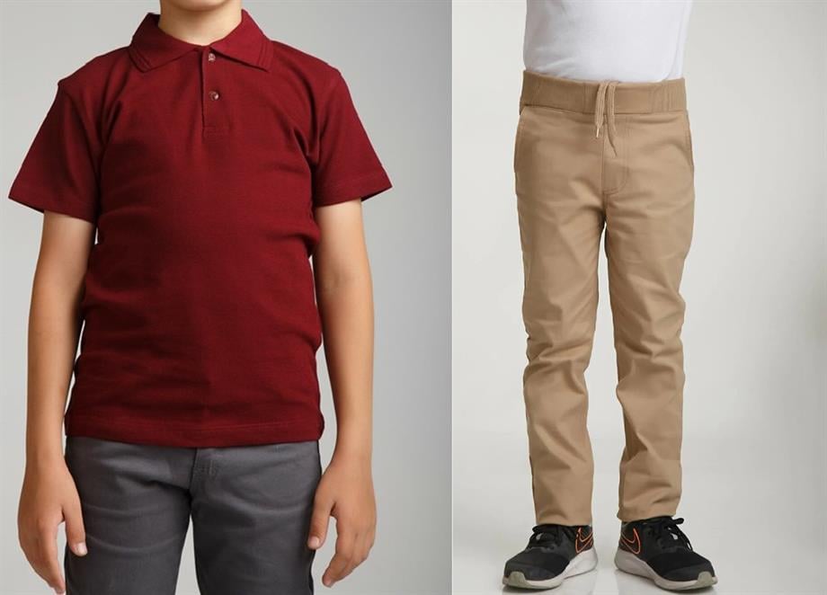 Unisex çocuk okul ribana bel pantolon - bordo kısa kol Polo yaka t-shirt 2li takım