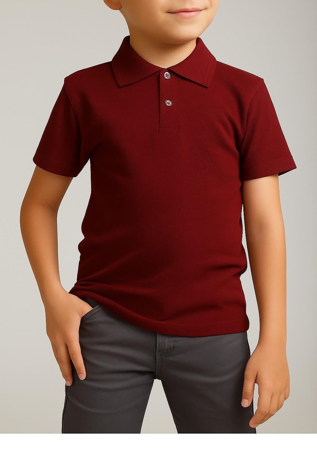 Unisex Cocuk Polo Yaka Kısa Kol Bordo Okul Lakost Tişört