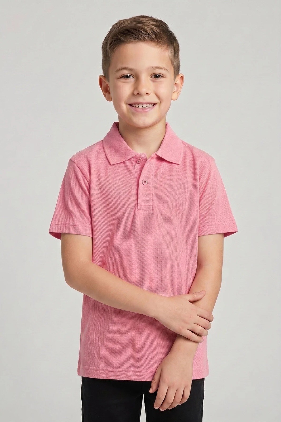 Unisex Cocuk Polo Yaka Kısa Kol Pembe  Okul Lakost Tişört