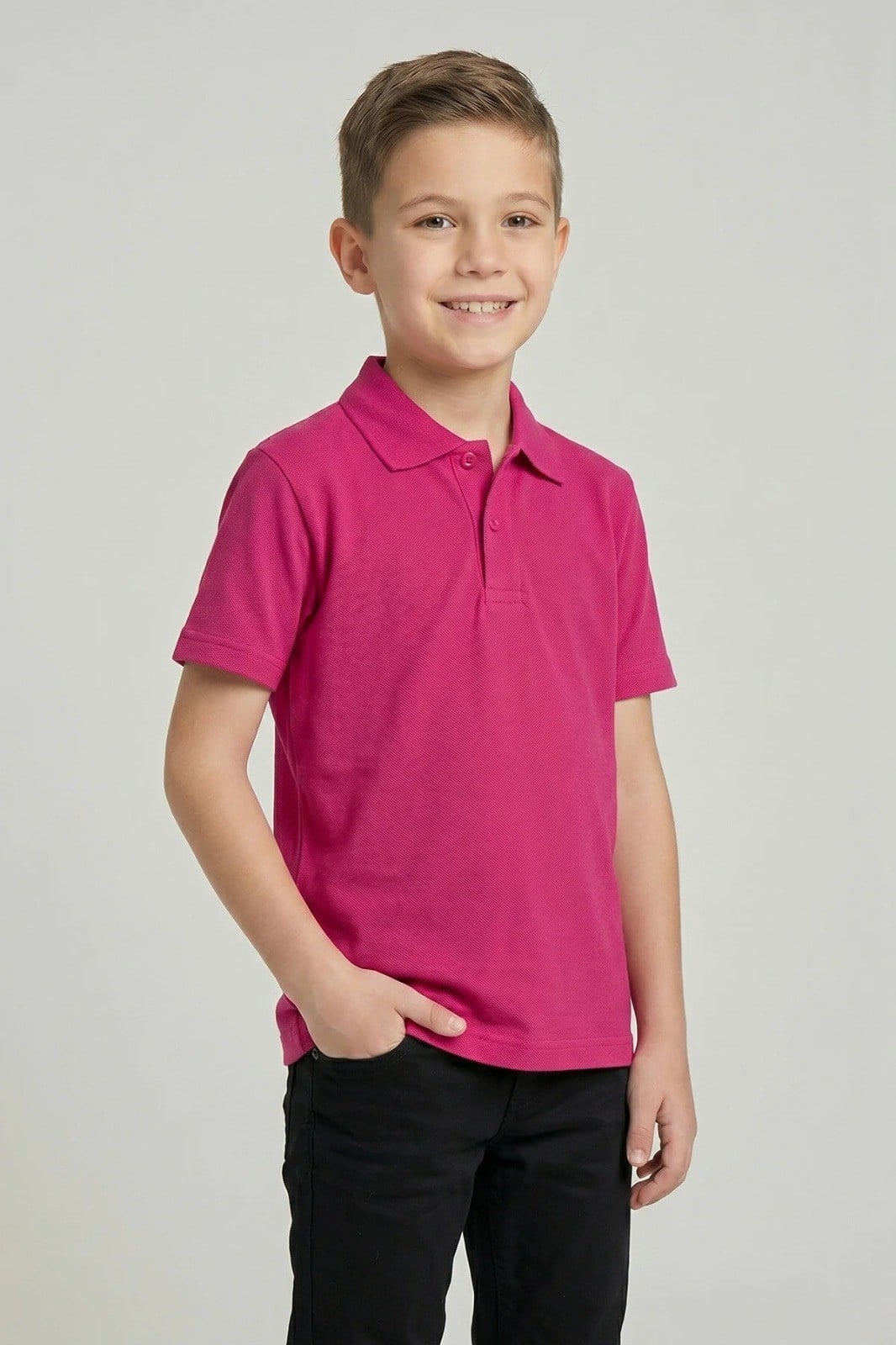 Unisex Cocuk Polo Yaka Kısa Kol Fuşya Okul Lakost Tişört