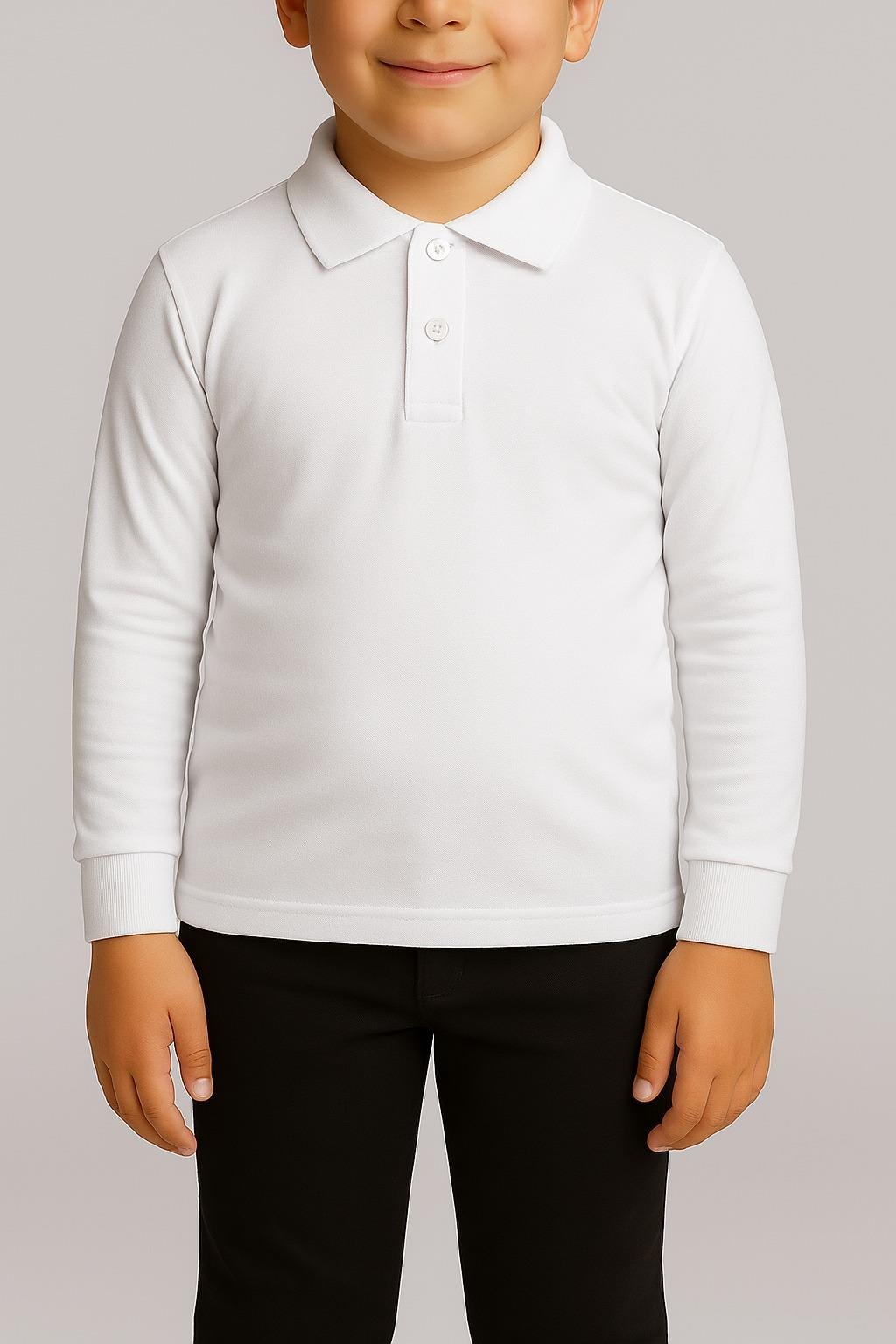 Unisex Cocuk Polo Yaka Uzun Kol Beyaz Lakost Tişört