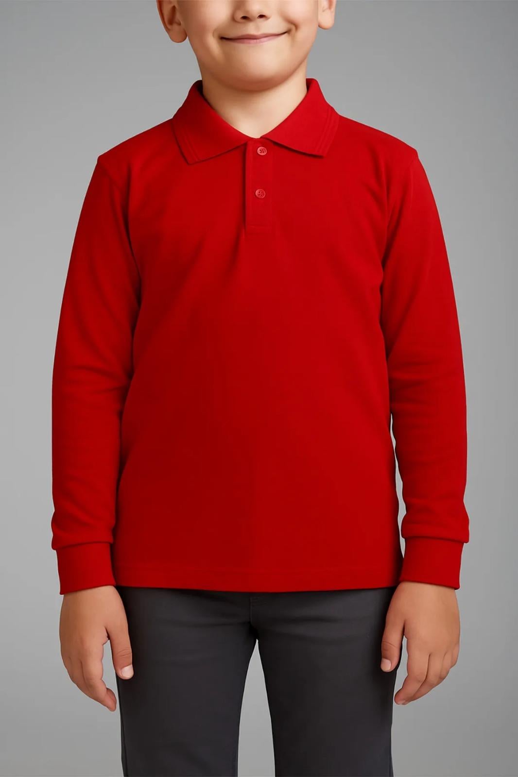 Unisex Cocuk Polo Yaka Uzun Kol Kırmızı Lakost Tişört