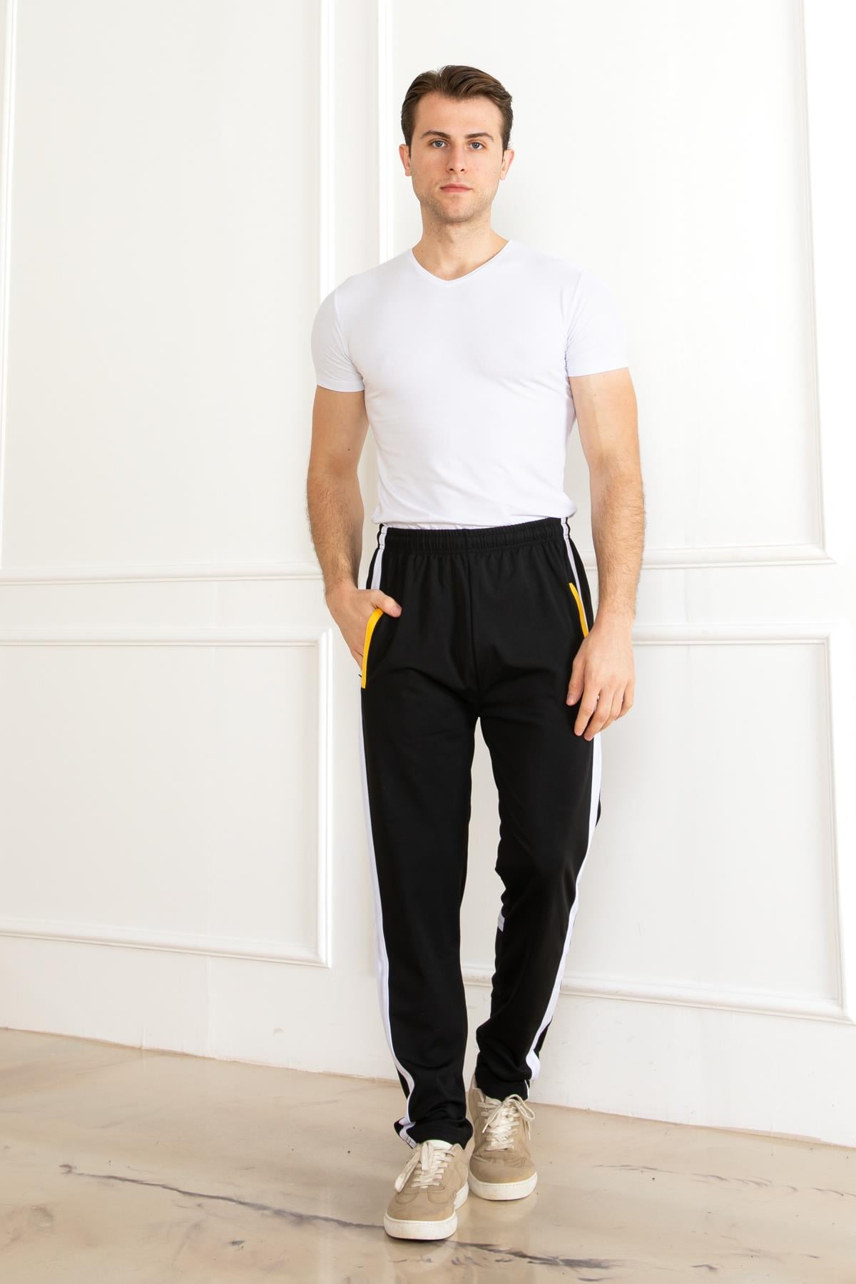 UNISEX ÇOCUK SCUBA KUMAŞ DAR PAÇA LASTİKLİ ESNEK  SARI CİZGİ DETAYLI ESOFMAN ALT