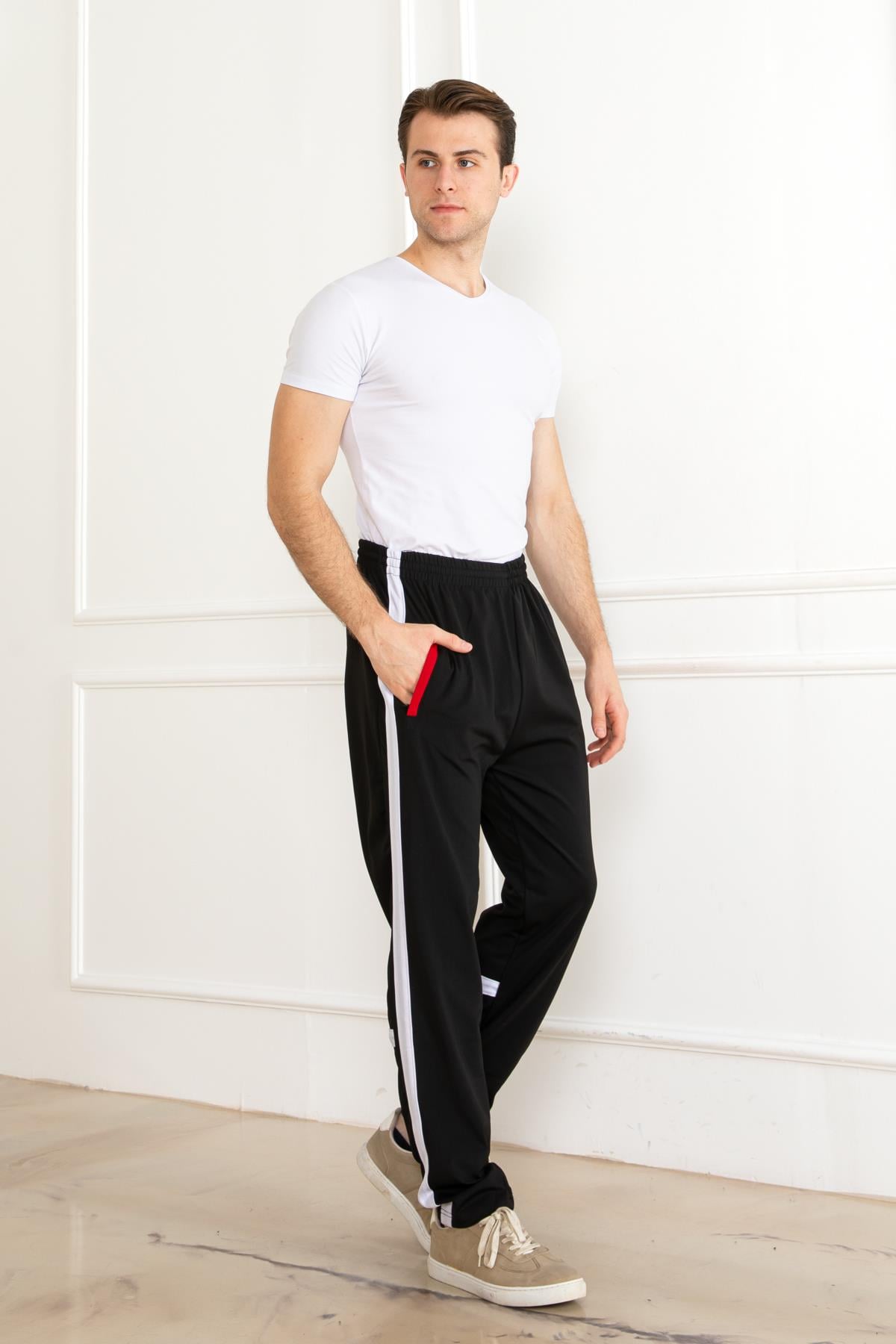 UNISEX ÇOCUK SCUBA KUMAŞ DAR PAÇA LASTİKLİ ESNEK  KIRMIZI CİZGİ DETAYLI ESOFMAN ALT